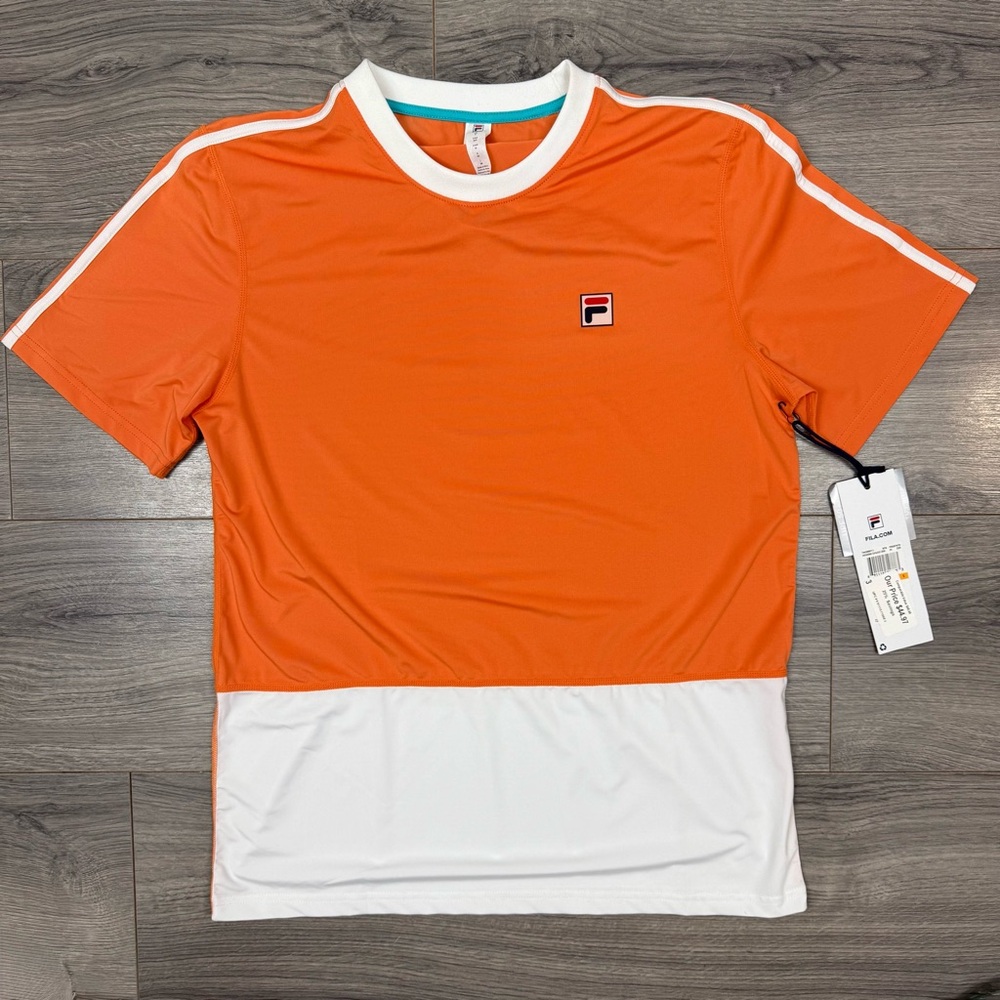 NWT Fila Men's S Tennis Shirt - Orange/ White, UPF‎ 50, Short Sleeve